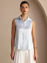 [Light Blue] SilkSilky-CA Sleeveless Lapel Collar Women's Shirt 001