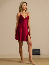 [Wine] SilkSilky-CA Spaghetti Strap Deep V Neck Nightgown 007
