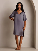[Purple Gray] SilkSilky-CA Half Sleeve V Neck Nightgown 008