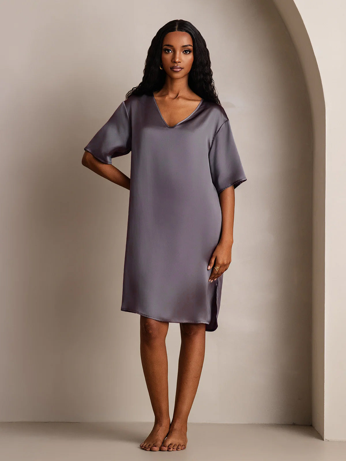 [Purple Gray] SilkSilky-CA Pure Silk Split Nightgown 008,
