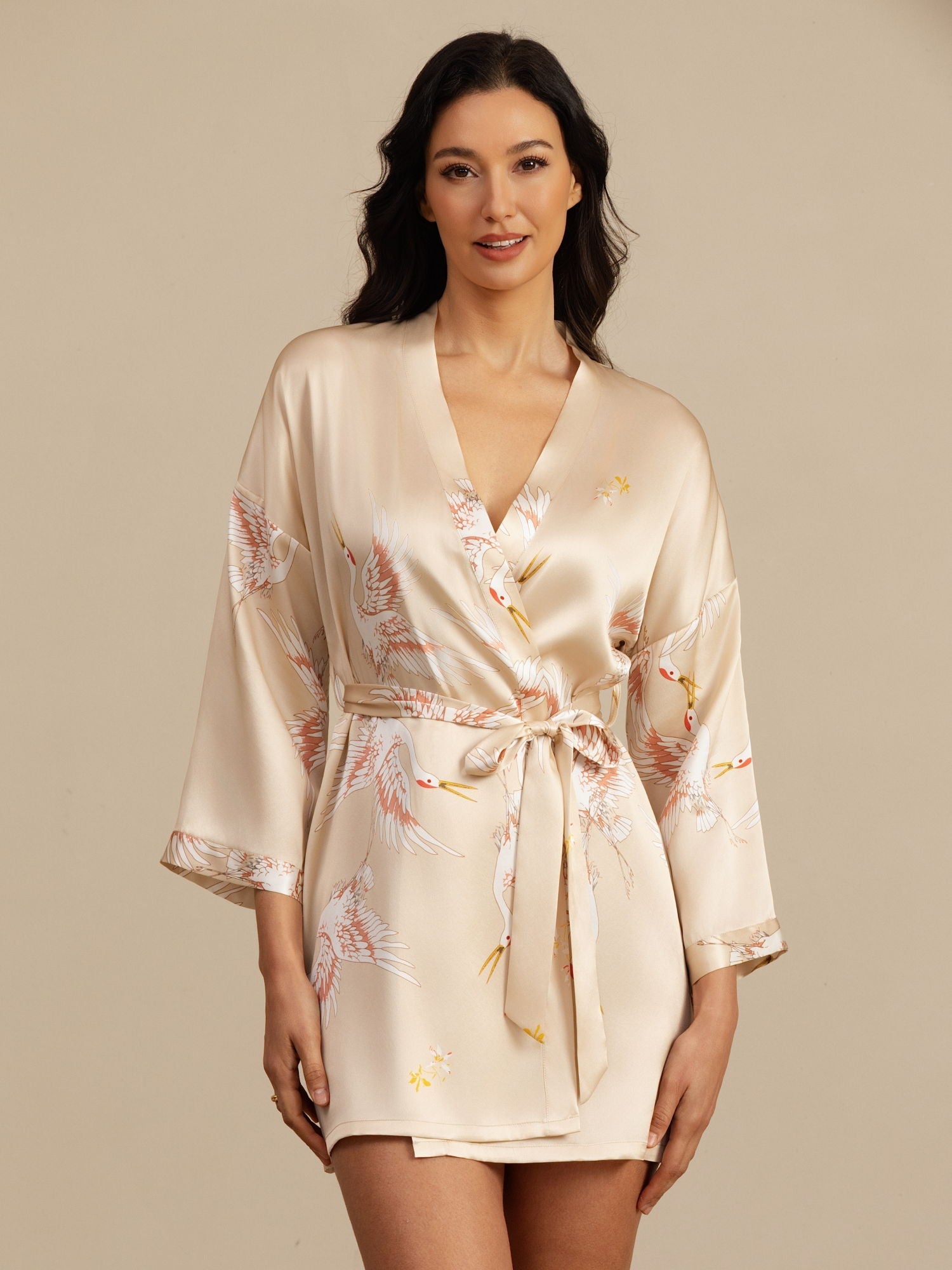[Champagne] SilkSilky-CA 19Momme 3/4 Sleeve Women's Robe 001