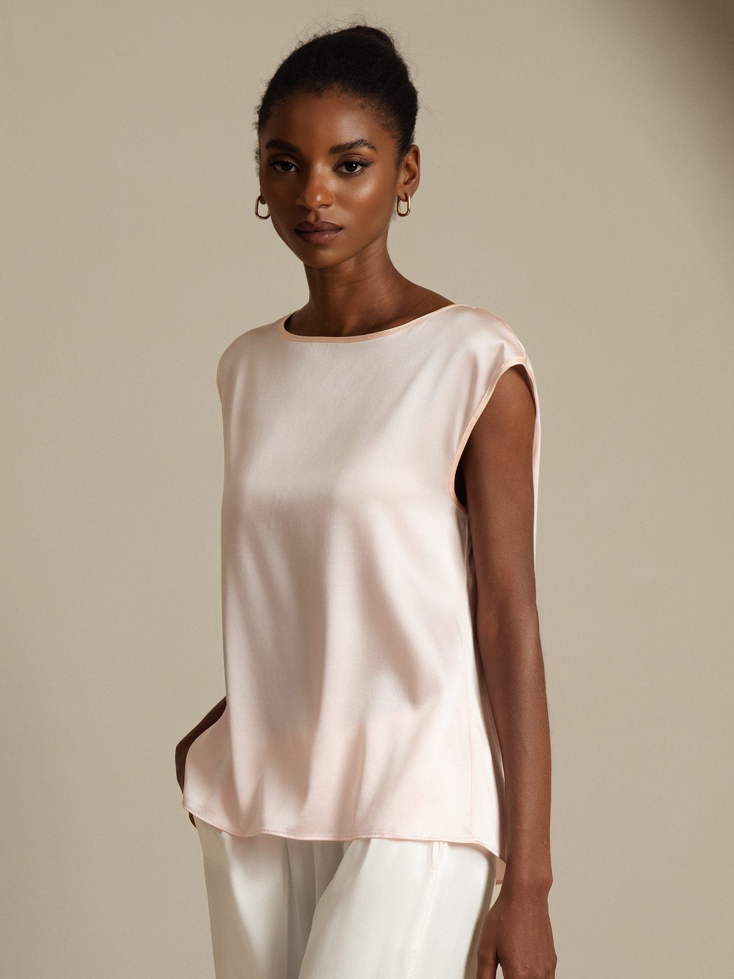 [Pink] SilkSilky-CA 19Momme Silk Round Neck Women's T-Shirt 003,