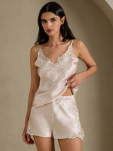 [Beige] SilkSilky-CA Spaghetti Strap V Neck Camisole Set 006