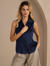 [Dark Blue] SilkSilky-CA Sleeveless Lapel Collar Women's Shirt 005