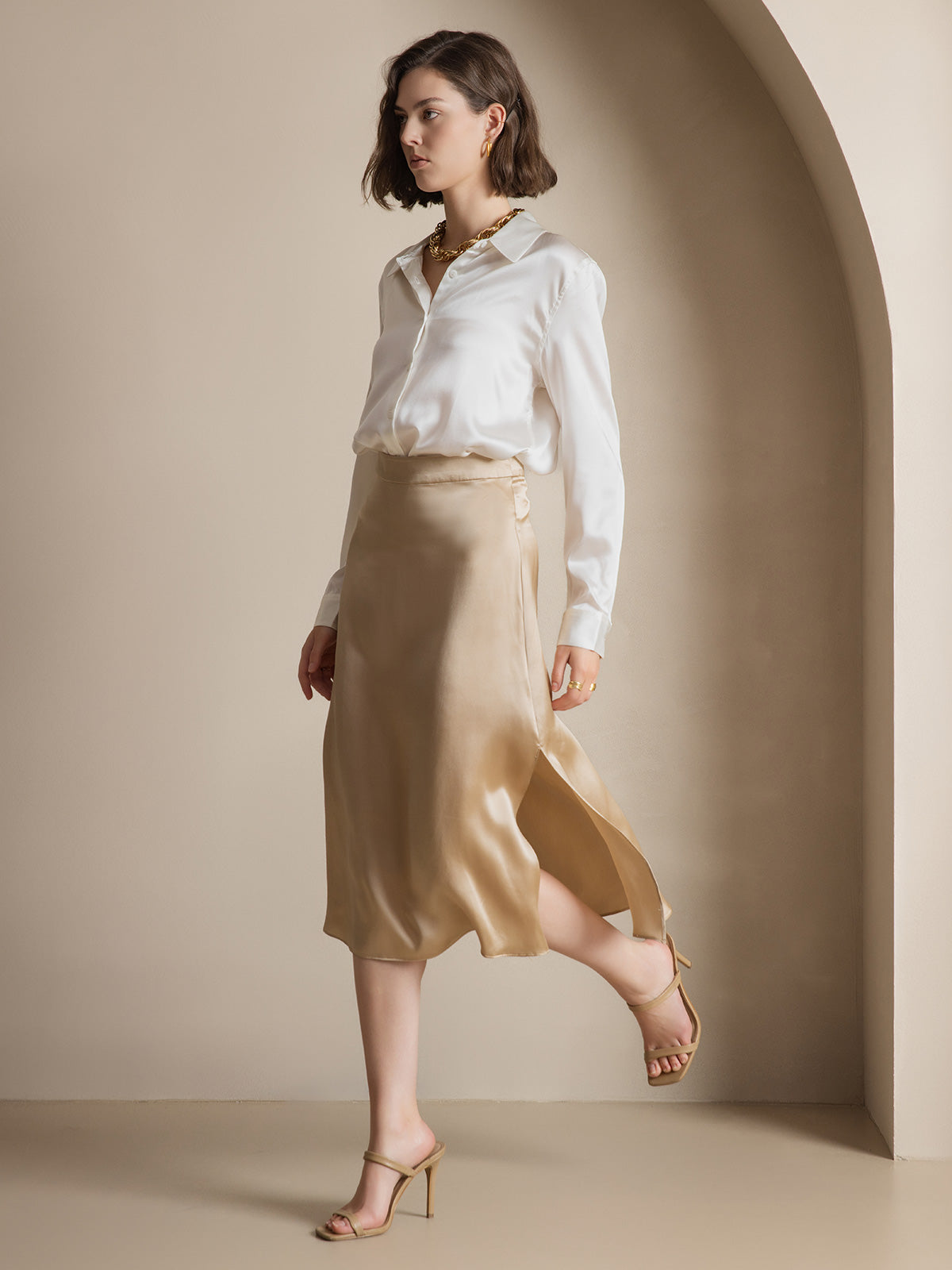 [White] SilkSilky-CA Long Sleeve Lapel Collar Women's Shirt 006