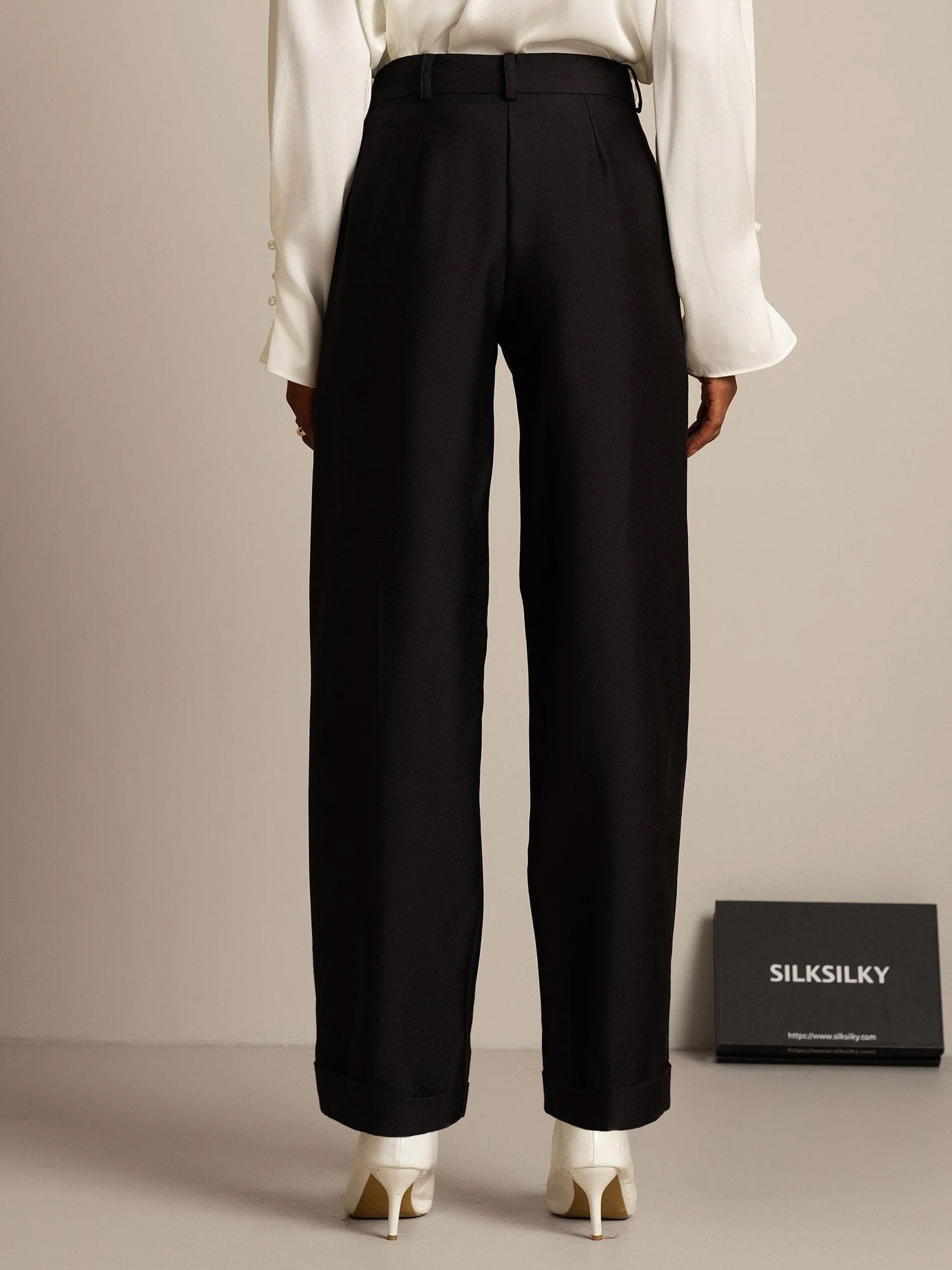 [Black] SilkSilky-CA 32Momme Silk-Wool Blend Womens Pants 002,