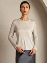 [Gray] SilkSilky-CA 100% Silk Jersey Long Sleeve Crew Neck Women's T-Shirt 006