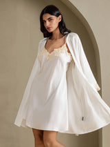[White] SilkSilky-CA 3/4 Sleeve V Neck Nightgown&Robe Set 006
