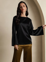 [Black] SilkSilky-CA Long Sleeve Boat Neck Blouse 001
