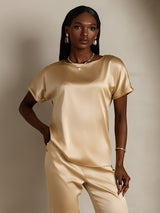 [Champagne] SilkSilky-CA Short Sleeve Boat Neck Women's T-Shirt 003