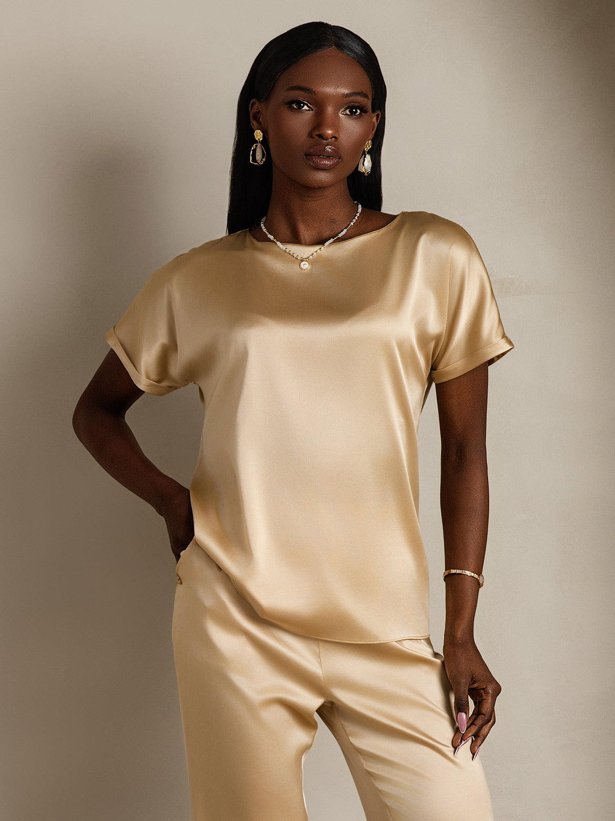 [Champagne] SilkSilky-CA 19Momme Silk Round Neck Women's T-Shirt 003,