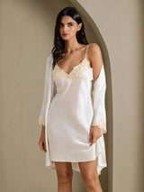 [White] SilkSilky-CA 3/4 Sleeve V Neck Nightgown&Robe Set 001