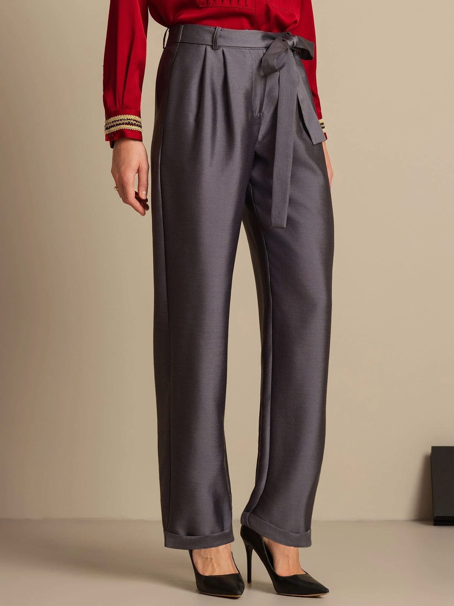 [Gray] SilkSilky-CA 32Momme Silk-Wool Blend Womens Pants 003,