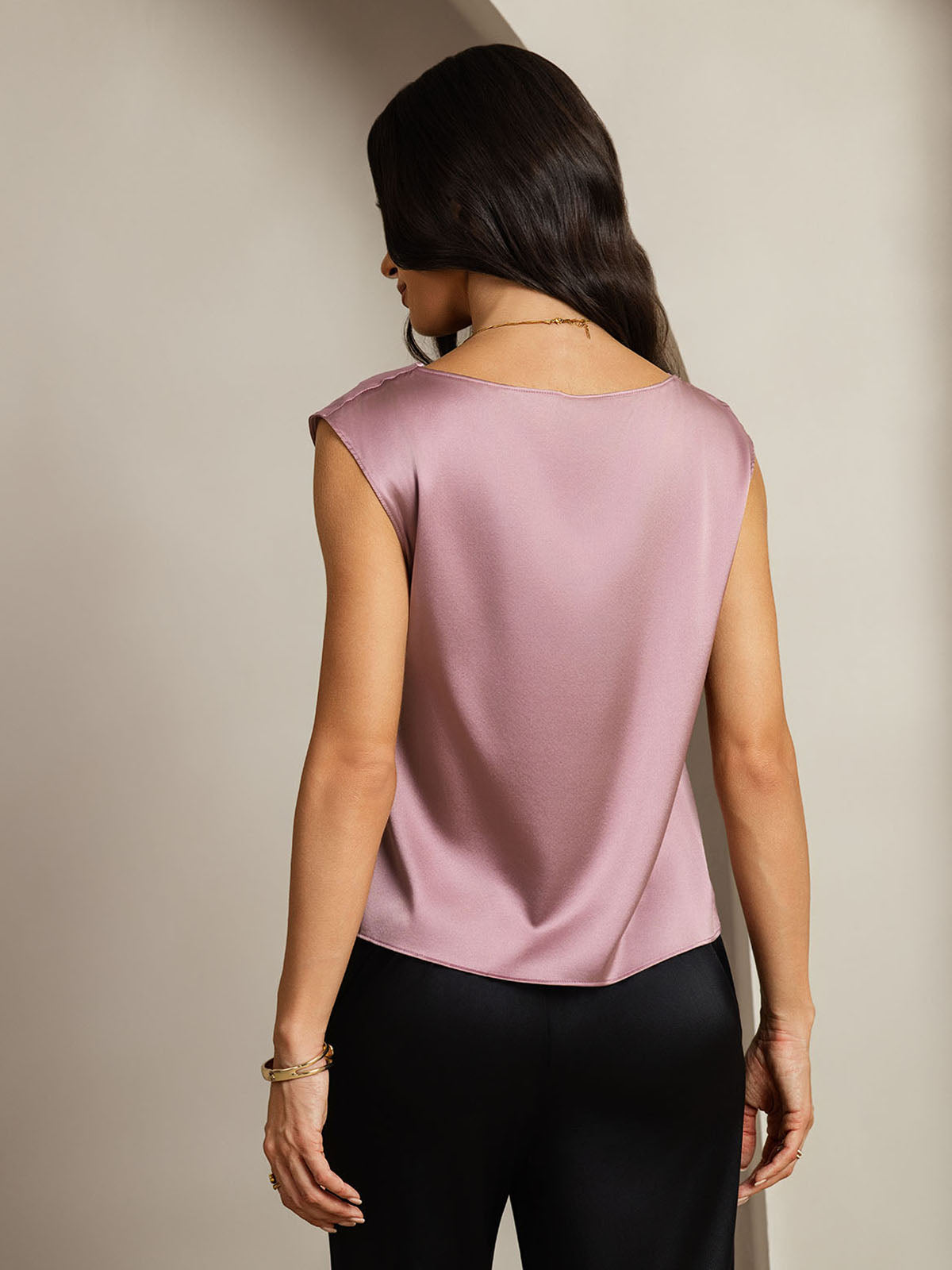 [Pale Mauve] SilkSilky-CA 19Momme Silk Cap Sleeve Cowl Neck Women's T-Shirt 002