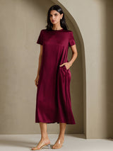 [Dark Red] SilkSilky-CA Short Sleeve Crew Neck Dress 001