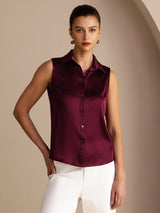 [Dark Red] SilkSilky-CA Sleeveless Lapel Collar Women's Shirt 001