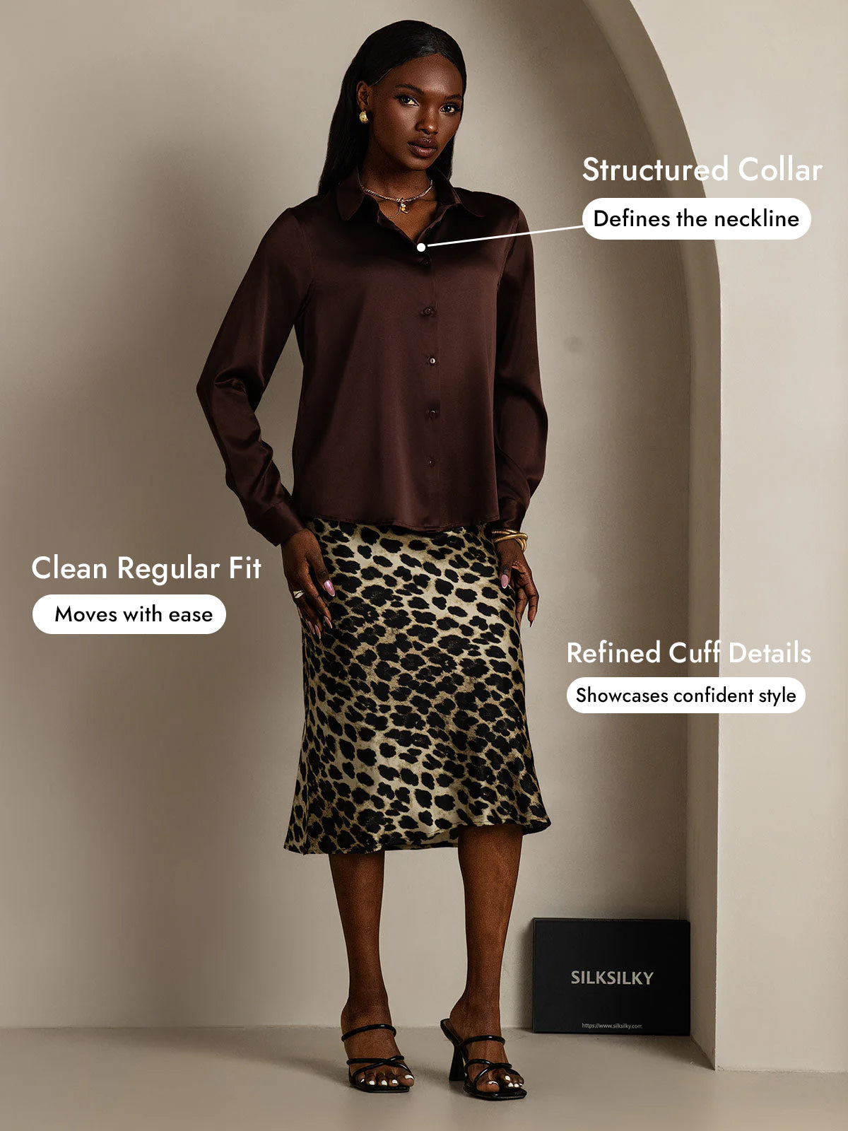 [Bitter Chocolate] SilkSilky-CA Silk Long Sleeve Lapel Collar Women's Shirt 005