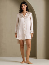 [Beige] SilkSilky-CA Long Sleeve Lapel Collar Nightshirt 007