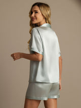 [Light Blue] SilkSilky-CA Pure Silk Notch Collar Women's Pajamas 002,