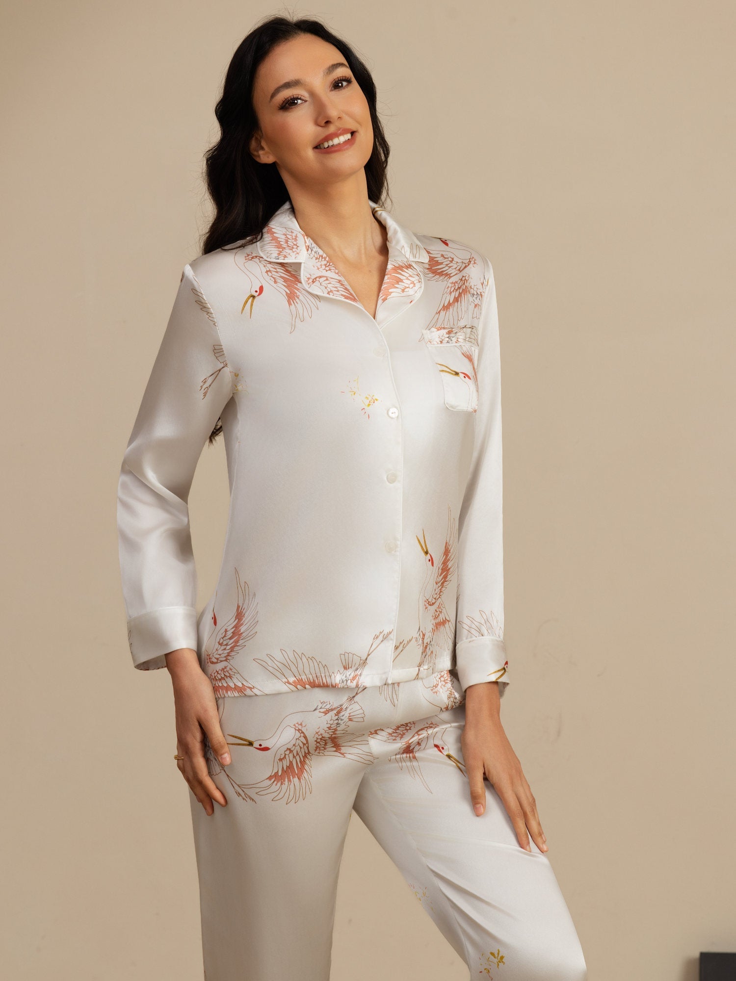 [White] SilkSilky-CA 19Momme Long Sleeve Notch Collar Women's Pajamas 003