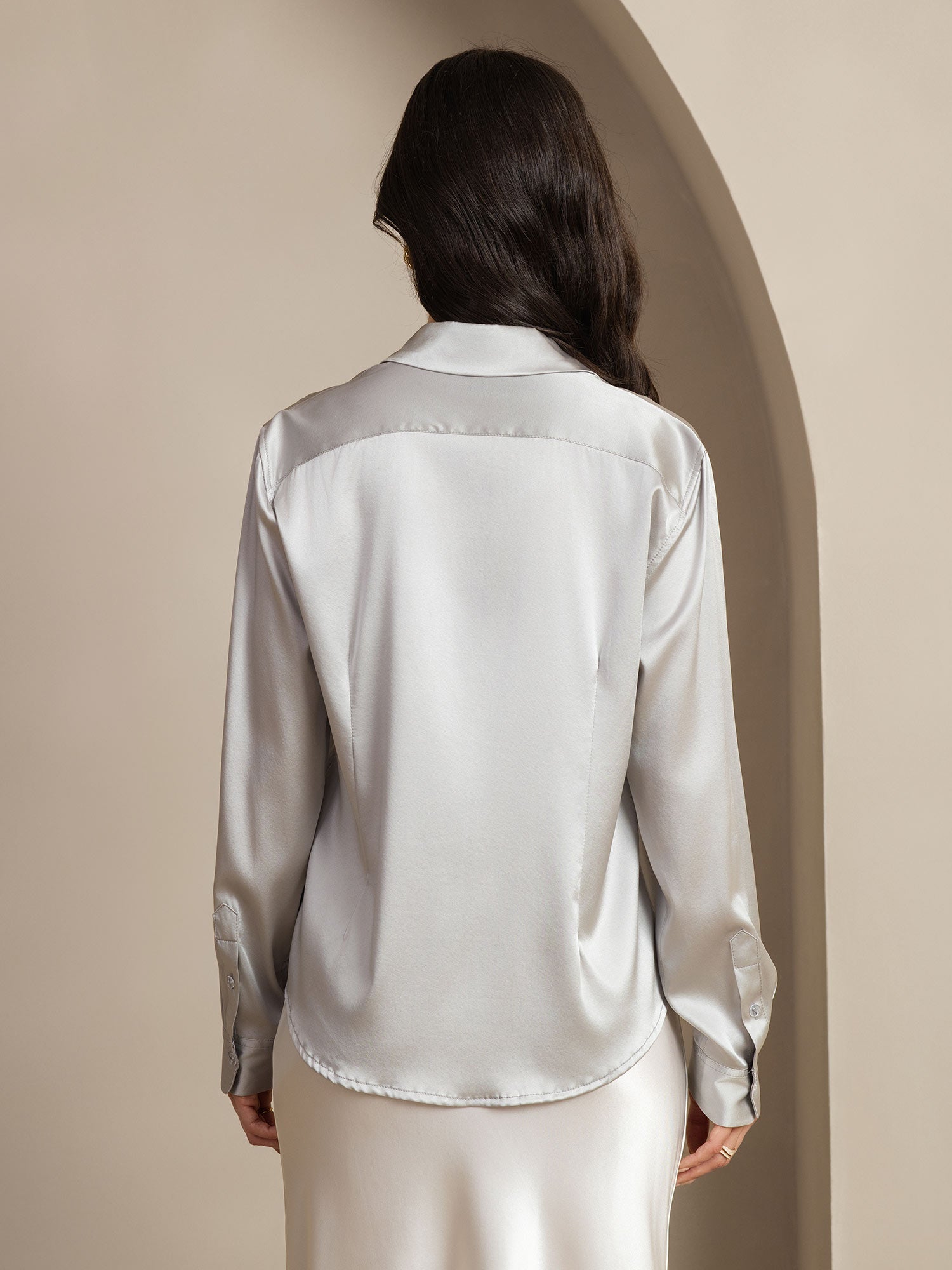 [Light Gray] SilkSilky-CA 19Momme Stretch Silk Charmeuse Long Sleeve Lapel Collar Women's Shirt 003