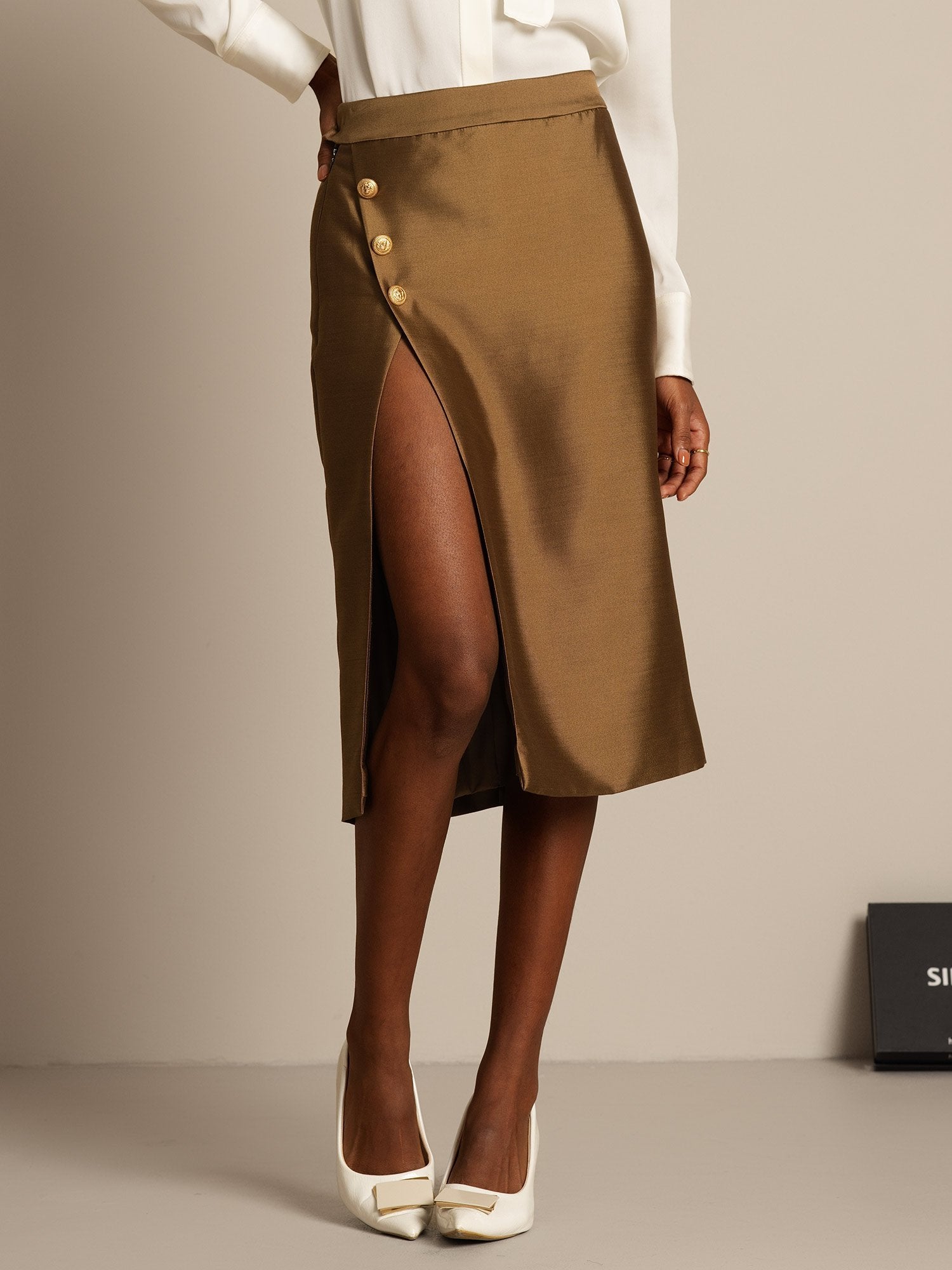 [Bronze] SilkSilky-CA 32Momme Silk-Wool Blend Split Skirt 006,