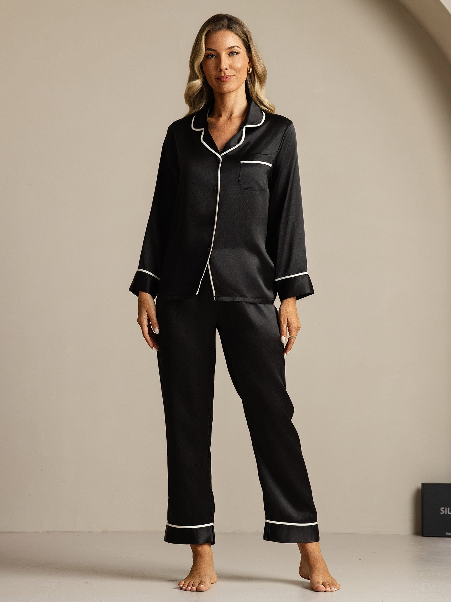 [Black] SilkSilky-CA Pure Silk Lapel Collar Women's Pajamas 003