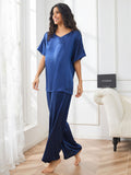 SilkSilky CA Pure Silk Short Sleeve V Neck Women's Pajamas DarkBlue 005