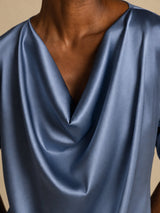 [Real Teal] SilkSilky-CA Short Sleeve Cowl Neck Women's Blouse 003