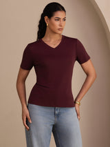 [Wine] SilkSilky-CA Short Sleeve V Neck Women's T-Shirt 001