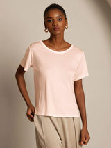 [Light Pink] SilkSilky-CA 100% Silk Jersey Short Sleeve Round Neck Women's T-Shirt 001