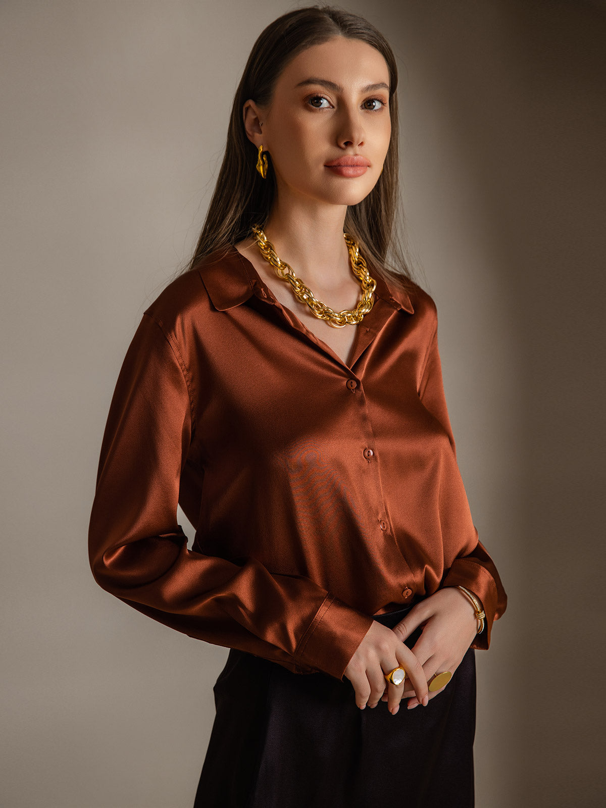 [Caramel] SilkSilky-CA 19Momme Stretch Silk Charmeuse Long Sleeve Lapel Collar Women's Shirt 004