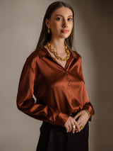 [Caramel] SilkSilky-CA Long Sleeve Lapel Collar Women's Shirt 004