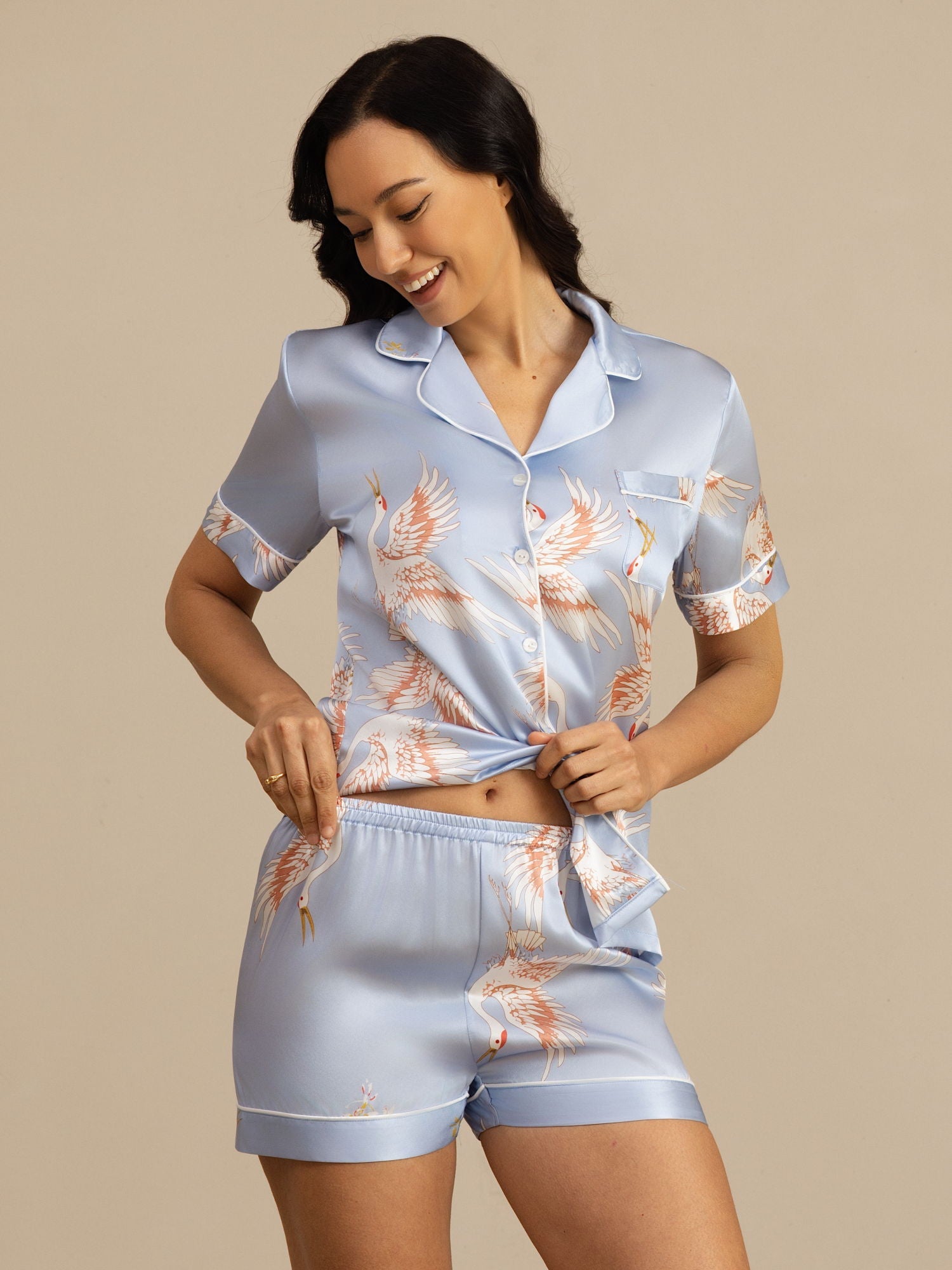 [Light Blue] SilkSilky-CA 19Momme Short Sleeve Notch Collar Women's Pajamas 004