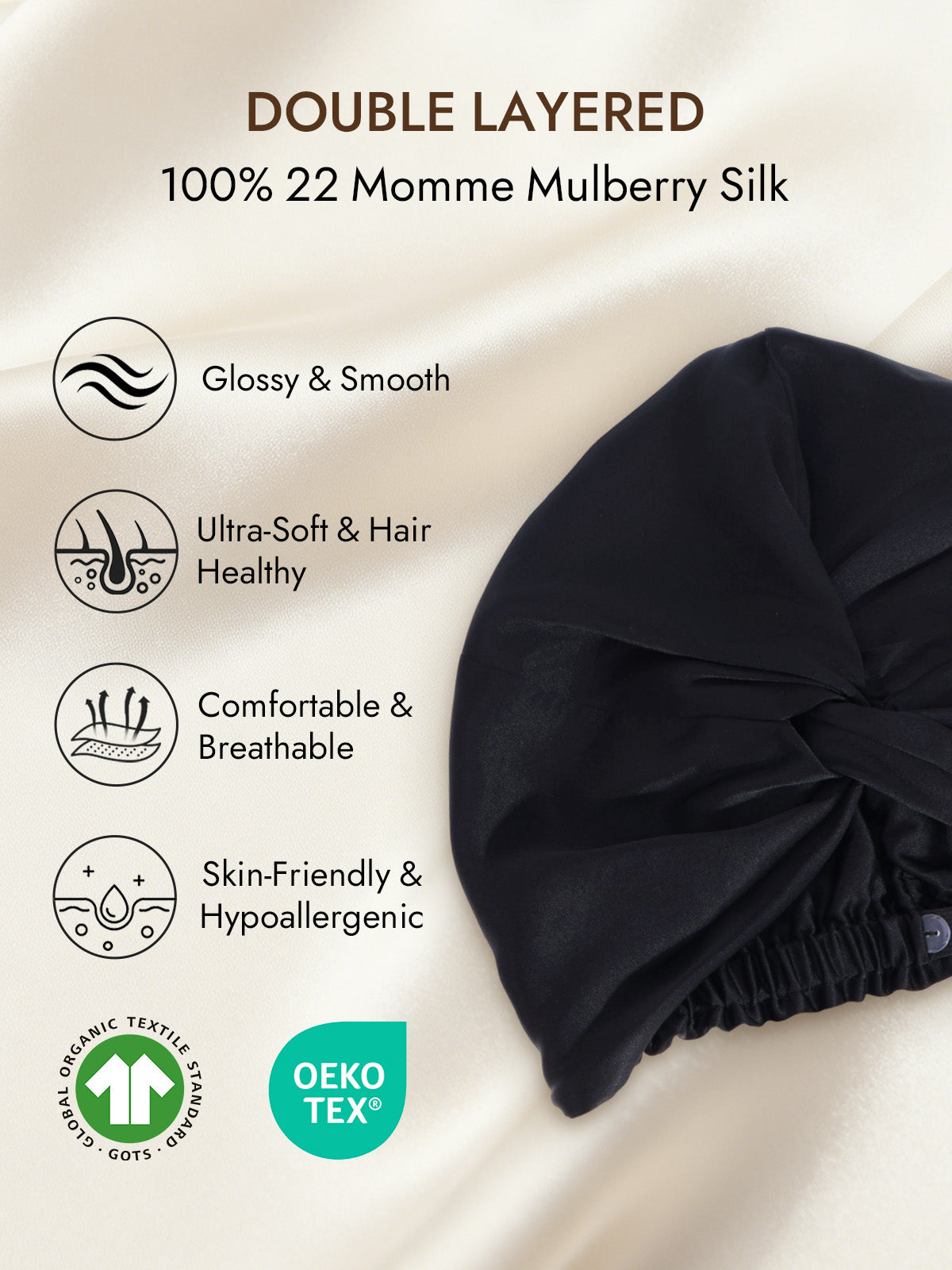 [Black] SilkSilky-CA 22Momme Pure Silk Sleep Cap 002