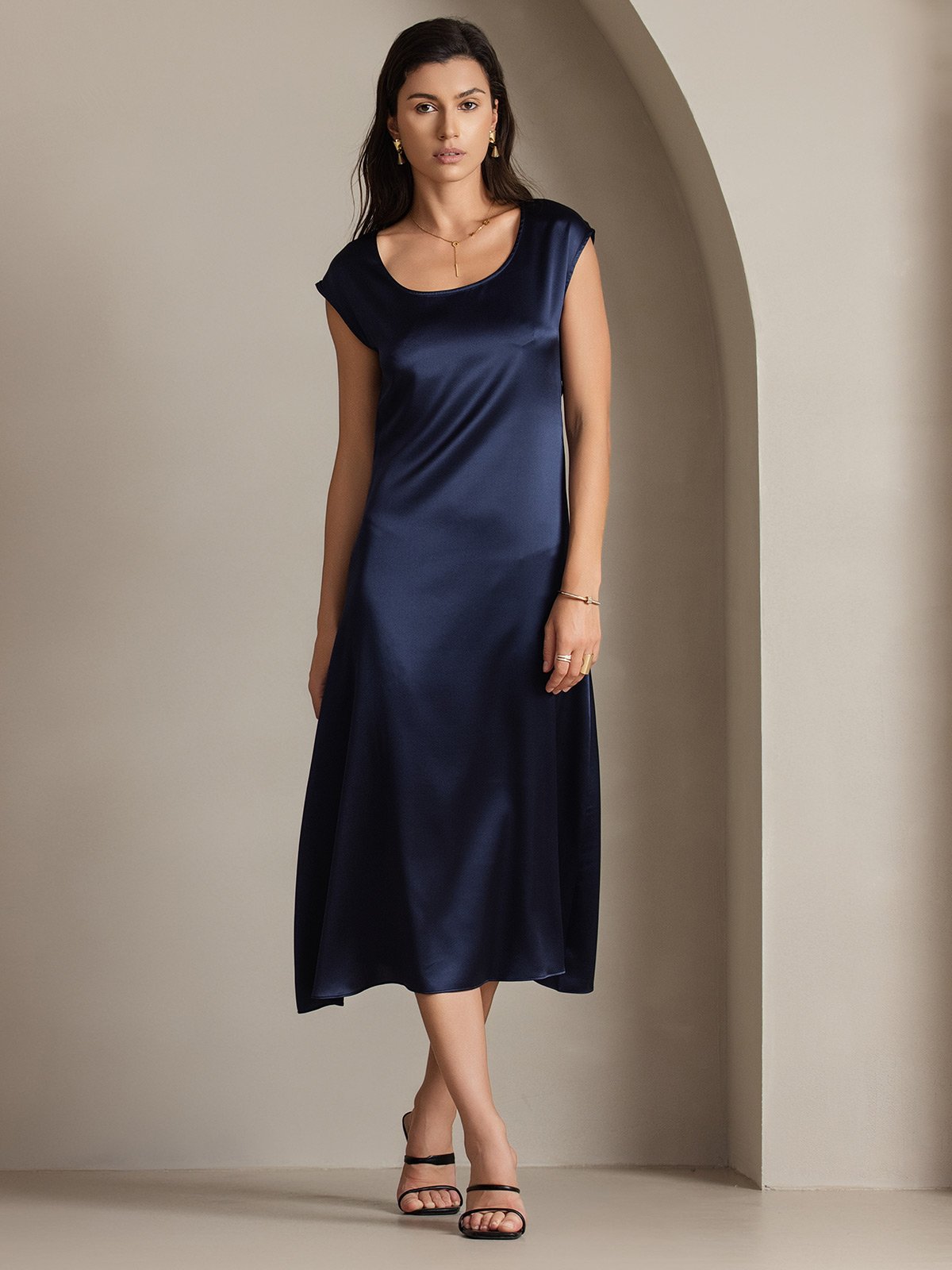 [Dark Blue] SilkSilky-CA 19Momme Silk Cap Sleeve Round Neck Dress 003