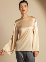 [Champagne] SilkSilky-CA Long Sleeve Boat Neck Blouse 001