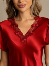 [Dark Red] SilkSilky-CA Short Sleeve V Neck Nightgown 004