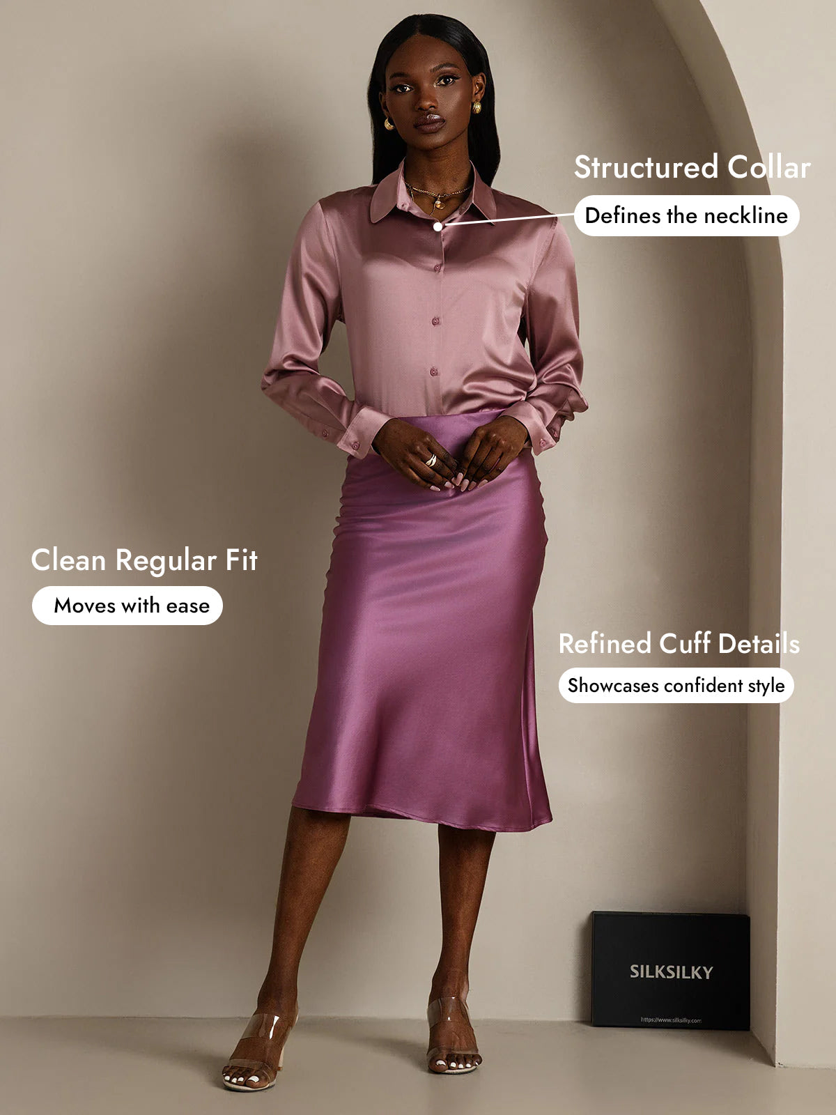 [Pale Mauve] SilkSilky-CA Silk Long Sleeve Lapel Collar Women's Shirt 004