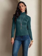 [Dark Green] SilkSilky-CA Silk Jersey Long Sleeve Turtle Neck Women's T-Shirt 004