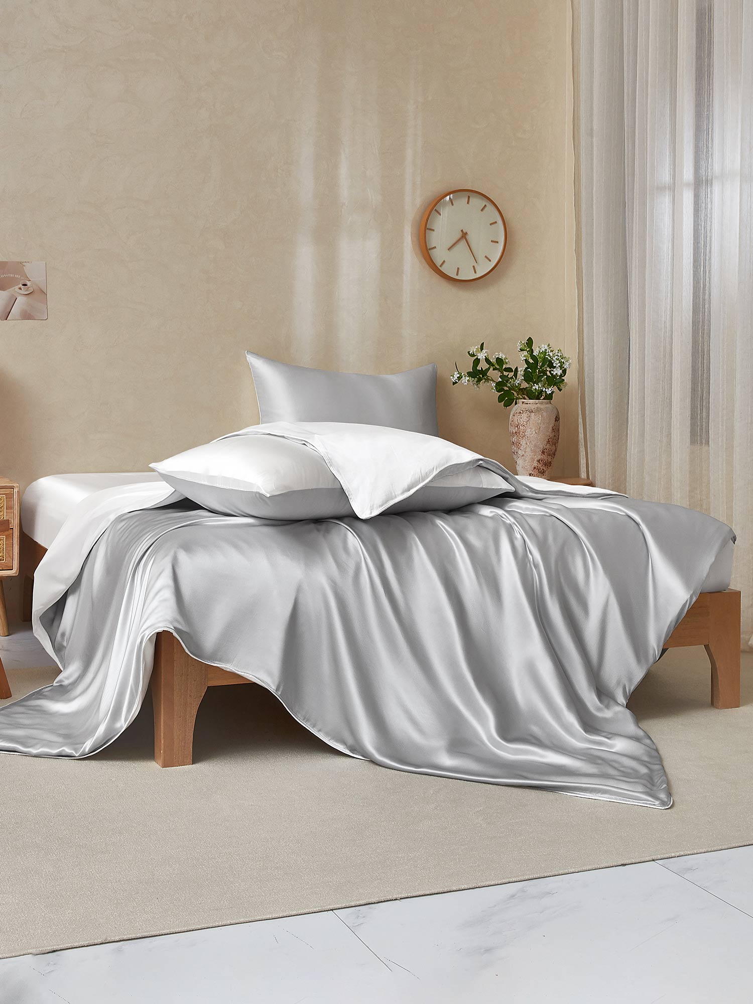 [LightGray+White] SilkSilky-CA 25Momme Pure Silk Bedding Set 002,