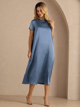 [Real Teal] SilkSilky-CA Short Sleeve Crew Neck Dress 006