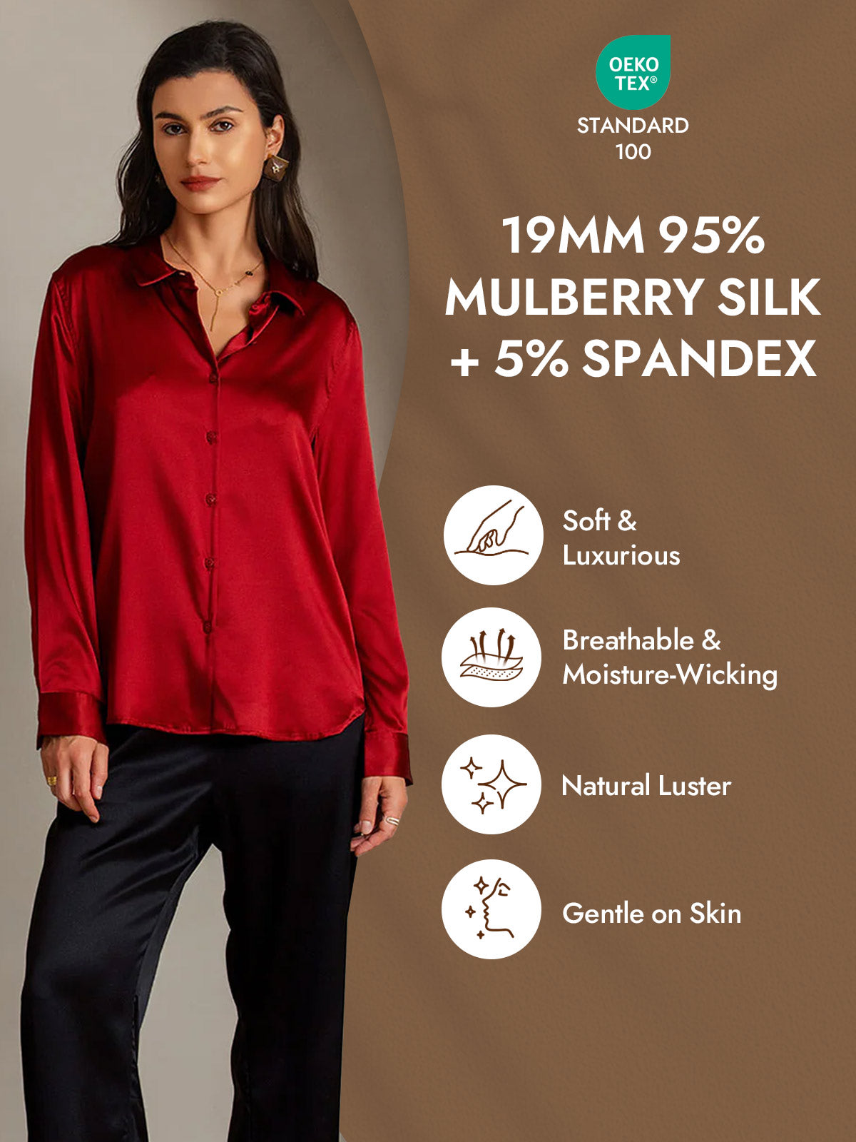 [Red] SilkSilky-CA Silk Long Sleeve Lapel Collar Women's Shirt 004