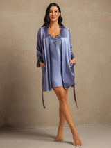 [Steel Blue] SilkSilky-CA 3/4 Sleeve V Neck Nightgown&Robe Set 008