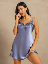 [Steel Blue] SilkSilky-CA Spaghetti Strap V Neck Nightgown 001