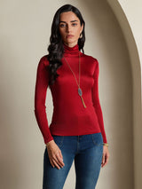 [Wine] SilkSilky-CA Silk Jersey Long Sleeve Turtle Neck Women's T-Shirt 003