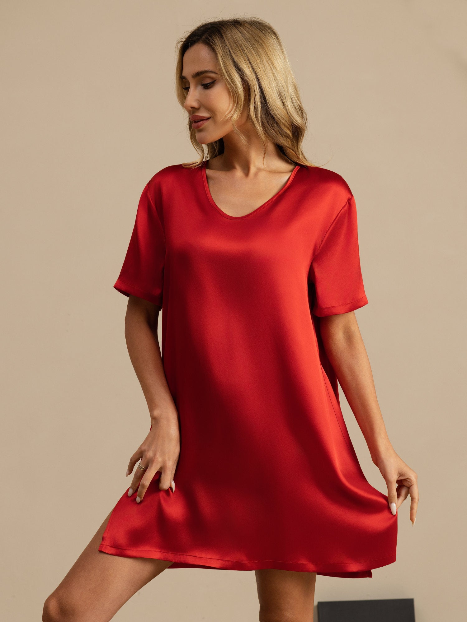 [Wine] SilkSilky-CA Pure Silk Short Sleeve V Neck Nightgown 003