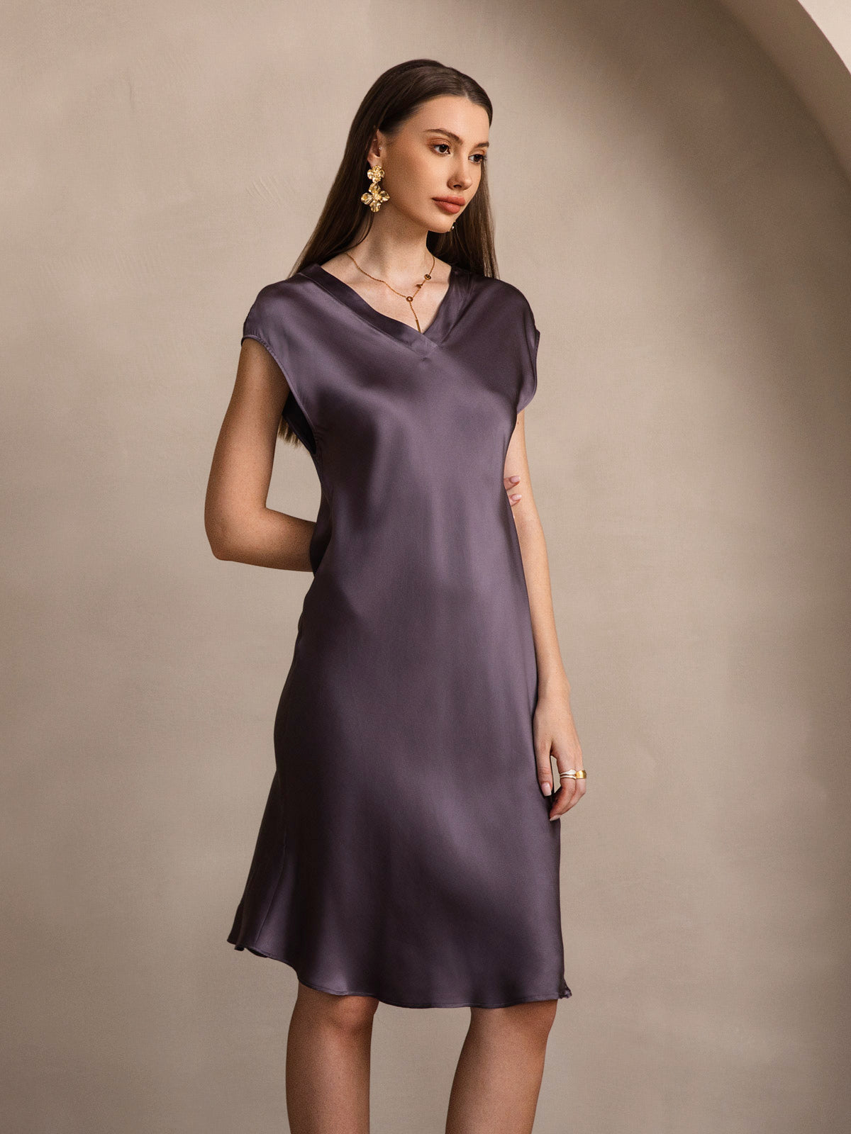 SilkSilky-CA Pure Silk Sleeveless V Neck Nightgown PurpleGray 006