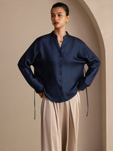 [Dark Blue] SilkSilky-CA Long Sleeve Split Women's Blouse 001