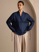 [Dark Blue] SilkSilky-CA Long Sleeve Split Women's Blouse 001